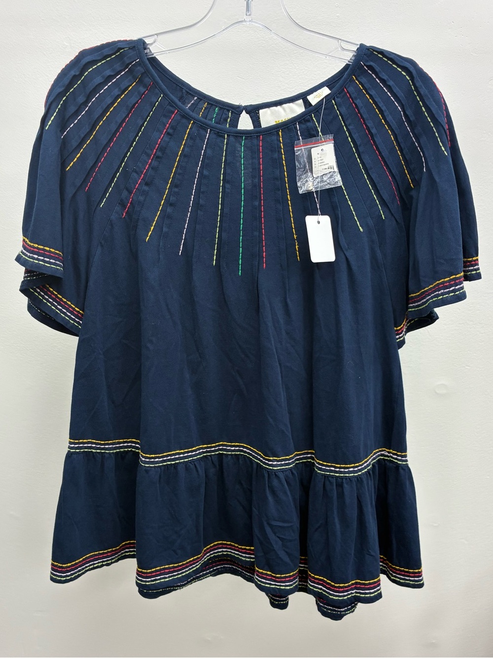 Maeve Navy Multicolor Embroidered Peasant Top